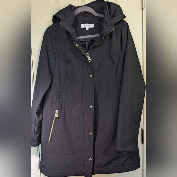 Nine West Women’s Soft Shell Removable Hood Zip Up Trench Coat Black Size L - Picture 2 of 14